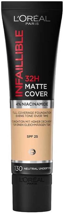 Skystas makiažo pagrindas L’Oréal Paris Infallible 32H Matte Cover, SPF 25, 130 neutral undertone, 30 ml