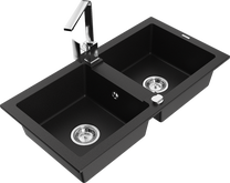Кухонный умывальник с кухонным смесителем Mexen Mario Black+Chrome, гранит, 82 см x 43 см x 16.1 см, черный цв./хромовый цв.