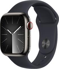 Viedais pulkstenis Apple Watch Series 9 GPS + Cellular, 41mm Graphite Stainless Steel Midnight Sport Band S/M, grafīta krās.