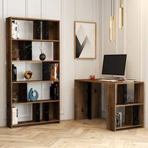 Комплект офисной мебели Kalune Design Lima Desk & Bookshelf, черный цв./ореховый цв., 180 см x 20 см x 90 см
