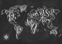 Fototapete Artgeist Modern World Map - Black And White Continents With English Names 2XLFT1724, 210 cm x 300 cm