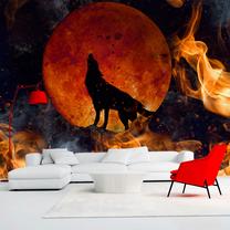Fototapete Artgeist Wild Nature - Wolf On A Background Of A Red Moon In Flames Of Fire, 140 cm x 196 cm
