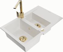 Кухонный умывальник с кухонным смесителем Mexen Gaspar White+Gold, гранит, 73 см x 47 см x 17.7 см, золотой цв./белый цв.