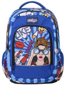 Skolas mugursoma Strigo Comic Daily, zila krās./daudzkrāsaina/gaiši zila krās., 47 cm x 31 cm x 15 cm