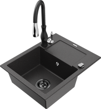 Кухонный умывальник с кухонным смесителем Mexen Enzo Black granite+Black, гранит, 57 см x 46 см x 17.4 см, black granite+black цв.
