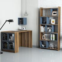 Biuro baldų komplektas Kalune Design Box Desk & Bookshelf & Wall Shelf, mėlyna sp./riešuto sp., 170 cm x 22 cm x 80 cm