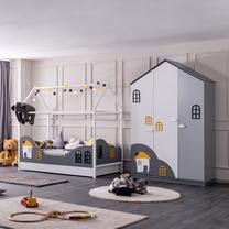 Miegamojo baldų komplektas Kalune Design Dolce Myy-3Kd, vaikų kambariui, balta sp./geltona sp./pilka sp.