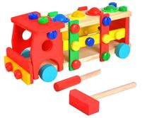 Деревянный грузовик RoGer Construction, 11 см, желтый цв./дерева цв./синий цв.