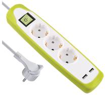 Buitinis ilgintuvas Electraline, 1.0 mm², 2 m, 3 lizdų, 2USB, su jungikliu, balta sp./žalia sp.
