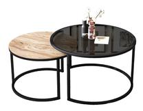 Kavos staliukų komplektas Kalune Design Bora, juoda sp./pušies sp/skaidri sp., 57 - 75 cm x 57 cm x 40 - 45 cm, 2 vnt.