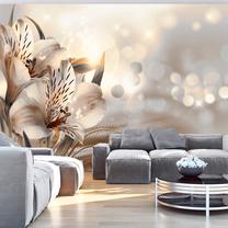 Fototapete Artgeist Creamy Motif - Lily Flowers In Morning Glow On Striped Background 3XLFT692, 245 cm x 350 cm