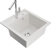 Кухонный умывальник с кухонным смесителем Mexen Vito, гранит, 49 см x 52 см x 21 см, белый цв.