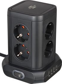 Pagarinātājs ar statīvu Brennenstuhl, 3 x 1,5 mm², 2 m, 8 ligzdas, 4USB, ar slēdzi, melna krās.