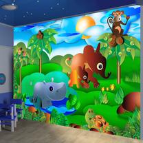 Fototapete Artgeist Wild Animals In The Jungle - Elephant, Monkey, Turtle With Trees For Children SNEW010530, 70 cm x 70 cm