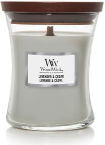 Žvakė, aromatinė WoodWick Lavender&Cedar, 65 h, 275 g, pilka sp.