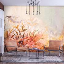 Fototapetas Artgeist Flaming Meadow - Nature Landscape With Meadow Of Flowers And Leaves In Watercolour Style, 210 cm x 294 cm