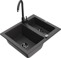 Virtuves izlietne Mexen Carlos 6518581500-76+670200-70+66921-70, granīts, 58 cm x 47 cm x 17.7 cm, black granite+black(b) krās.