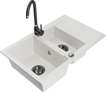 Кухонный умывальник с кухонным смесителем Mexen Gaspar White+Black, гранит, 73 см x 47 см x 17.7 см, белый цв./черный цв.