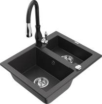 Кухонный умывальник с кухонным смесителем Mexen Carlos Black granite+Black, гранит, 58 см x 47 см x 17.7 см, black granite+black цв.