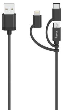 Kabelis Hama USB - Micro-USB/USB-C/Lightning USB, Micro-USB/USB-C/Lightning, 0.75 m, melna krās.