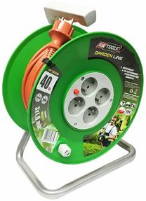 Pagarinātājs ar spoli AWTools Garden Line AW70214, 3 x 1 mm², 30 m, IP44, 4 ligzdas, zaļa krās./oranža krās.