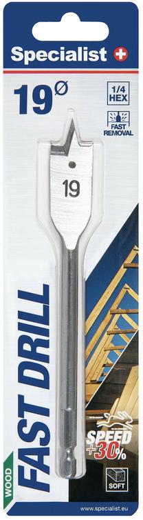 Plunksninis medienos grąžtas Specialist+ Fast Drill, medienai, plunksninis, hex, 19 mm x 15 cm