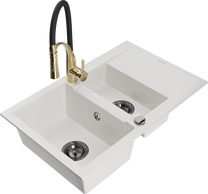 Кухонный умывальник с кухонным смесителем Mexen Gaspar White+Black/Gold, гранит, 73 см x 47 см x 17.7 см, white+black/gold цв.