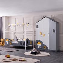 Miegamojo baldų komplektas Kalune Design Dolce My-3Kd, vaikų kambariui, balta sp./geltona sp./pilka sp.