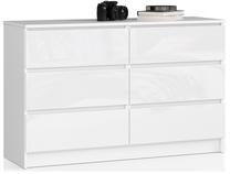 Komoda Akord K120 6SZ CLP, skaidri sp./balta sp., 77 cm x 120 cm x 40 cm