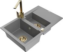 Кухонный умывальник с кухонным смесителем Mexen Gaspar, гранит, 73 см x 47 см x 17.5 см, золотой цв./серый цв.