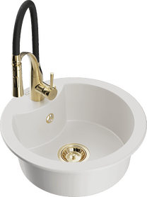 Кухонный умывальник с кухонным смесителем Mexen Diego White+Black/Gold, гранит, 48.8 см x 48.8 см x 16.7 см, white+black/gold цв.