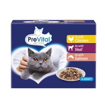 Mitrā kaķu barība PreVital In Gravy, vistas gaļa/teļa gaļa/lasis, 0.100 kg x 12 gab.