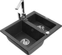 Virtuves izlietne Mexen Carlos 6518581500-76+670300-00, granīts, 58 cm x 47 cm x 17.7 cm, black granite+chrome krās.