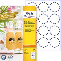 Lipni etiketė Avery Zweckform Removable Octagonal, 6.1 cm x 6.03 cm, 10 vnt., balta sp.