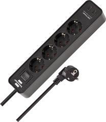 Удлинитель Brennenstuhl, 3 x 1,5 mm², 1.5 м, 4 розетки, 2USB, с выключателем, черный цв.