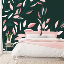 Fototapete Artgeist Flowering Vine - Minimalist Climbing Leaves On A Green Background, 175 cm x 250 cm
