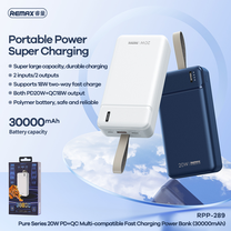 Lādētājs-akumulators (Power bank) Remax, 30000 mAh, 18 W, zila krās.