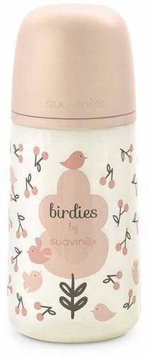 Bērnu pudelīte Suavinex Birdies, 270 ml, 3 mēn., rozā krās.