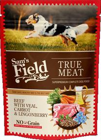 Mitrā barība (konservi) suņiem Sam's Field True Meat Beef With Veal & Lingonberry, liellopa gaļa/dārzeņi/teļa gaļa, 0.26 kg