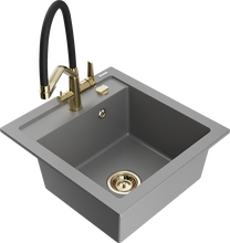Кухонный умывальник с кухонным смесителем Mexen Vito Grey+Black/Gold, гранит, 49 см x 52 см x 21 см, золотой цв./черный цв./серый цв.