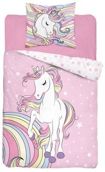 Bērnu gultas veļas komplekts Detexpol Unicorn POT-113, balta krās./rozā krās., 160 x 200 cm