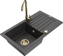 Virtuves izlietne Mexen Pablo 6510751010-76+670200-50+66911-50, granīts, 75 cm x 43 cm x 16.1 cm, black granite+gold krās.