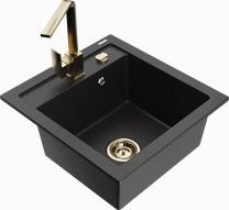 Кухонный умывальник с кухонным смесителем Mexen Vito Metallic black/silver+Gold, гранит, 49 см x 52 см x 21 см, metallic black/silver+gold цв.