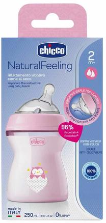 Bērnu pudelīte Chicco NaturalFeeling, 250 ml, 2 mēn., rozā krās.