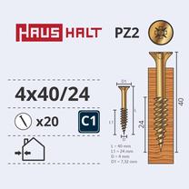 Koka skrūve, universāls Haushalt PZ2, 4 x 40 mm, dzeltena krās., 20 gab.