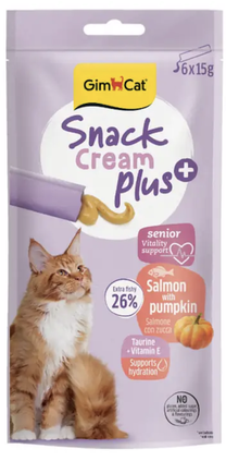 Skanėstas katėms Gimcat Snack Cream Plus Senior, lašiša/moliūgas, 0.015 kg, 15 vnt.