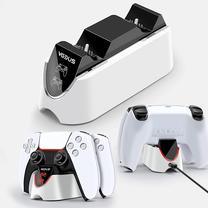 GameBox D2 Dual Slot Įkroviklio stovas laikiklis „Play Station 5“ valdikliams su USB-C ir LED šviesa juoda