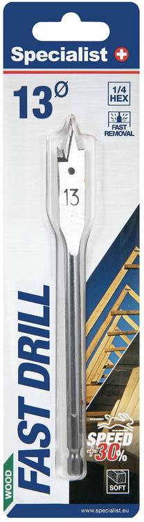 Plunksninis medienos grąžtas Specialist+ Fast Drill, medienai, plunksninis, hex, 13 mm x 15 cm