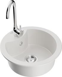 Кухонный умывальник с кухонным смесителем Mexen Diego White+Chrome, гранит, 48.8 см x 48.8 см x 16.7 см, белый цв./хромовый цв.