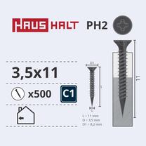 Koka skrūve, skrūves metālam Haushalt, 3.5 x 11 mm, pelēka krās., 500 gab.